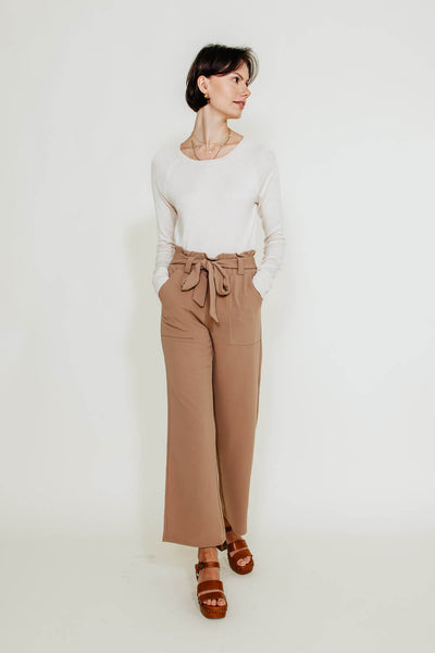 Crepe Tie Waist Pants for Women in Taupe