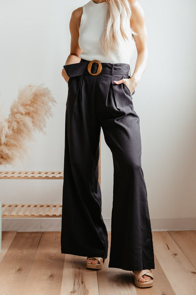 Mustard Seed Belted Wide Leg Beach Pants for Women in Black