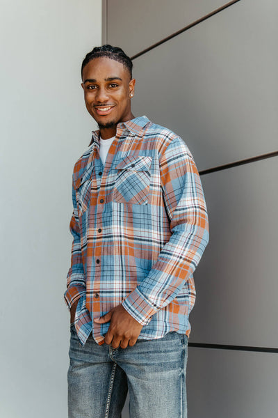 Mens Simply Southern Plaid Shacket Shirt for Men in Blue/Orange
