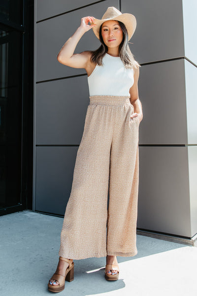 Dotted Smocked Waist Wide Leg Pants for Women in Taupe