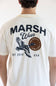 A man viewed from behind wearing a white t-shirt with a large back graphic that reads 'MARSH Wear' and features a duck and duck hunter illustration.