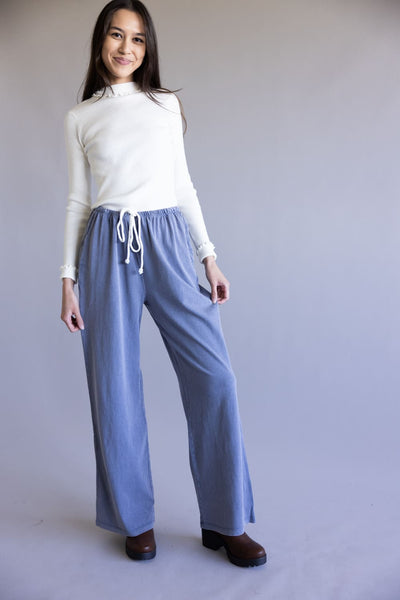Mineral Wash Drawstring Cotton Pants for Women in Dusty Navy