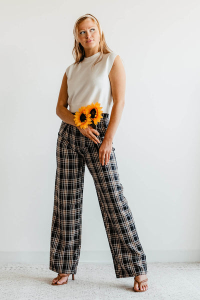 Plaid Wide Leg Pants for Women in Black