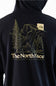 Close-up of the back of a black hoodie featuring a large gold line art graphic of a mountain and pine trees, with 'The North Face' text printed below and a small brand patch on the upper back.