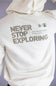 Close-up of the back of an off-white hoodie featuring a large graphic print that reads 'NEVER STOP EXPLORING' with 'The North Face Since 1966' and a small mountain-and-tree logo, worn by a person against a soft lavender-gray background.