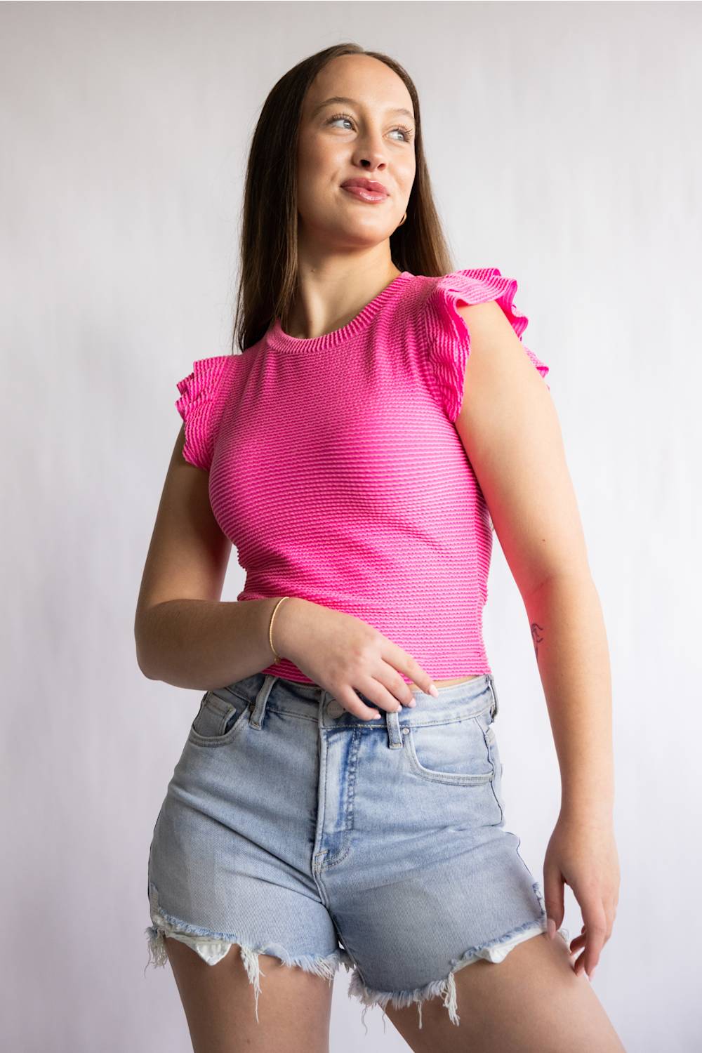 Urban Rib Flutter Sleeve Top for Women in Candy | MTL825-URB-CANDY