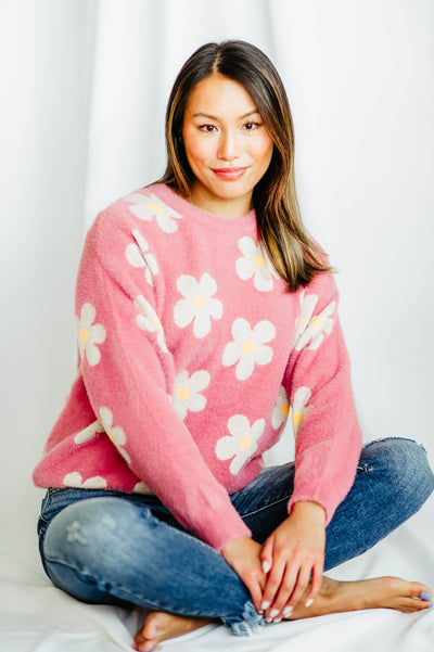 Womens Simply Southern Fuzzy Daisy Print Crewneck Sweater for Women in Pink