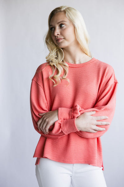 Blu Pepper Crewneck Ribbed Knit Shirt for Women in Dark Rose