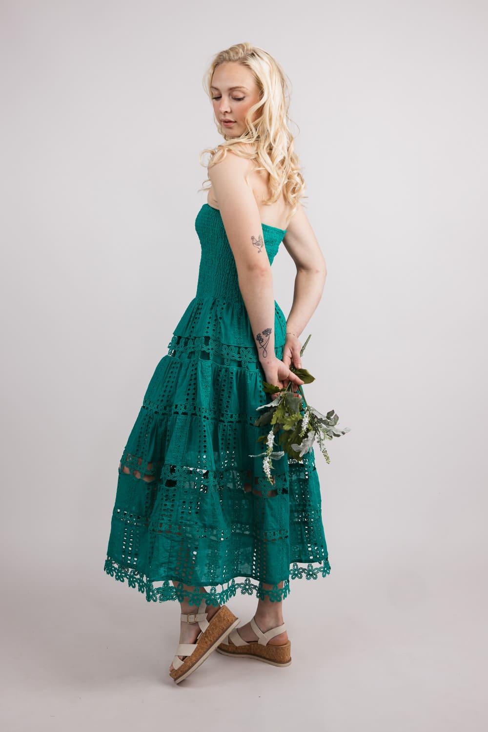 Eyelet Lace Strapless Midi Dress for Women in Emerald at Glik's , M