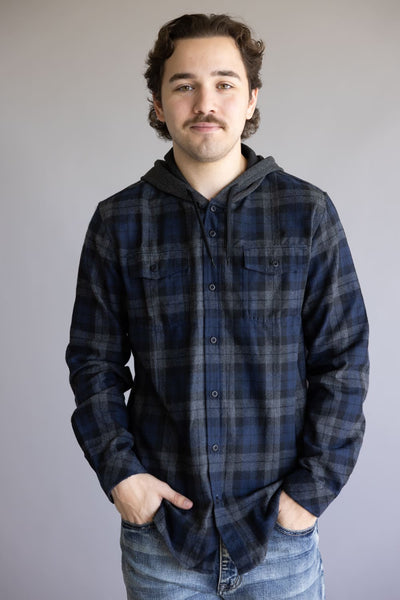 Hooded Plaid Flannel for Men in Navy Grey