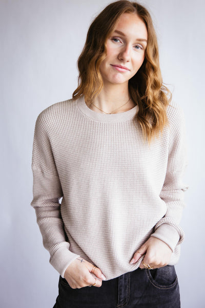 Drop Shoulder Waffle Sweater for Women in Stone