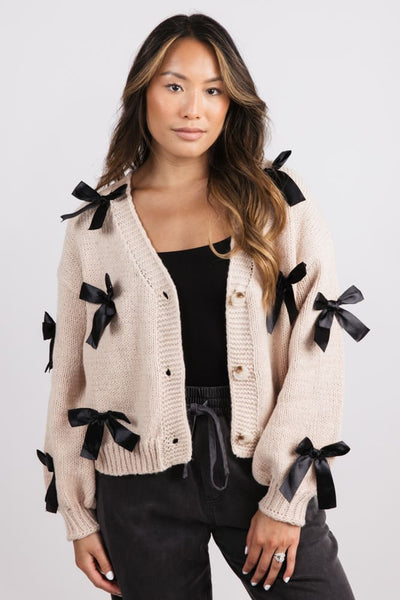 Katydid Bow Cardigan for Women in Tan