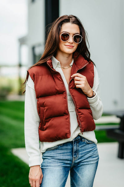 Thread & Supply Issey Cropped Puffer Vest for Women in Malbec Red