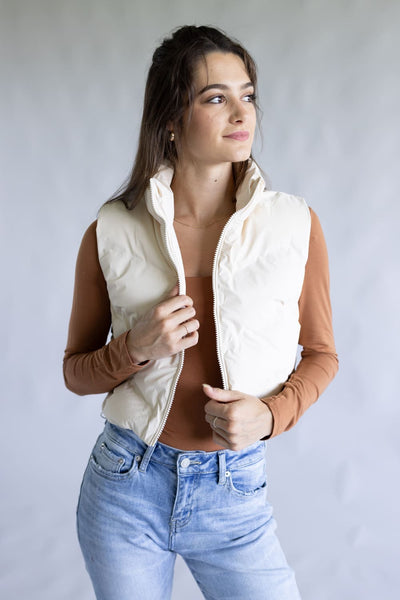 Love Tree Cropped Puffer Vest for Women in Ivory | 5142VN-IVORY