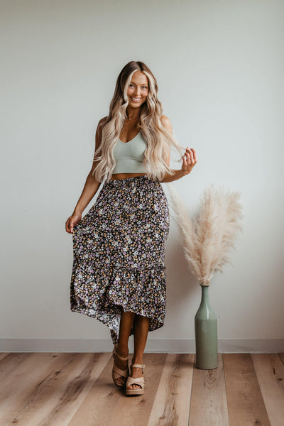 Pink Rose Hi-Low Midi Skirt for Women in Black Floral