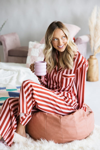 Striped Satin Pajama Set for Women in Blush