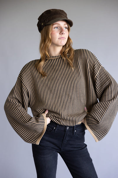 Elan Vertical Stripe Turtleneck Sweater for Women in Tan/Black
