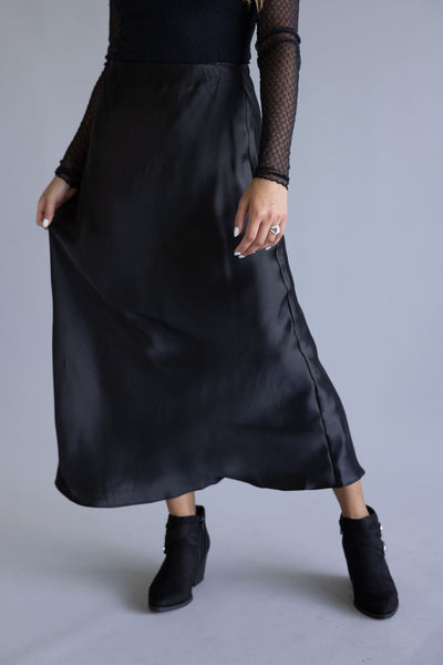 Elastic Waist Satin Maxi Skirt for Women in Black
