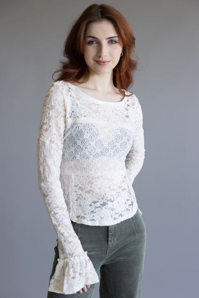 Free People Lace Bell Sleeve Sheer Cotton Blend Top for Women in Clean Ivory