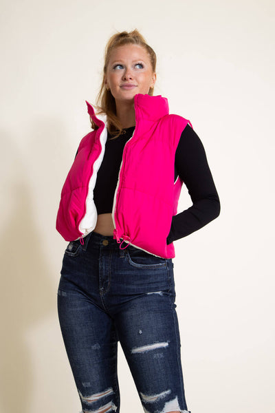 Love Tree Cropped Reversible Puffer Vest for Women in White/Fuchsia