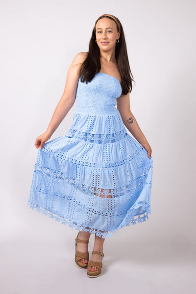 Eyelet Lace Strapless Midi Dress for Women in Blue