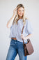Pinstripe Split Neck Button Front Top for Women in Navy