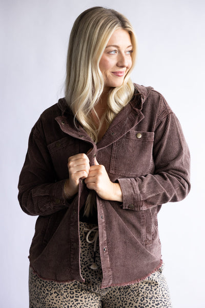 Corduroy Hooded Shacket for Women in Brown