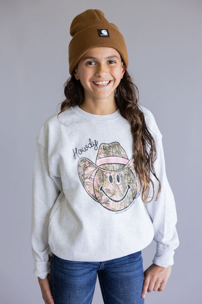 Simply Southern Youth Camo Smiley Face Crewneck for Girls in Grey