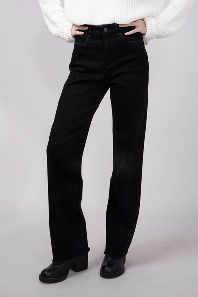 Mica Slim Wide Leg Raw Hem Jeans for Women in Black