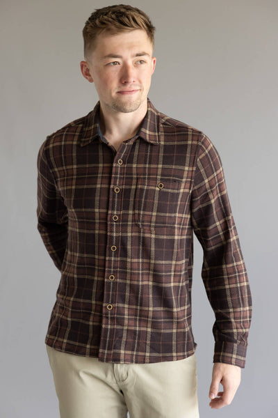 North River Jacquard Knit Plaid Button Up Shirt for Men in Brown