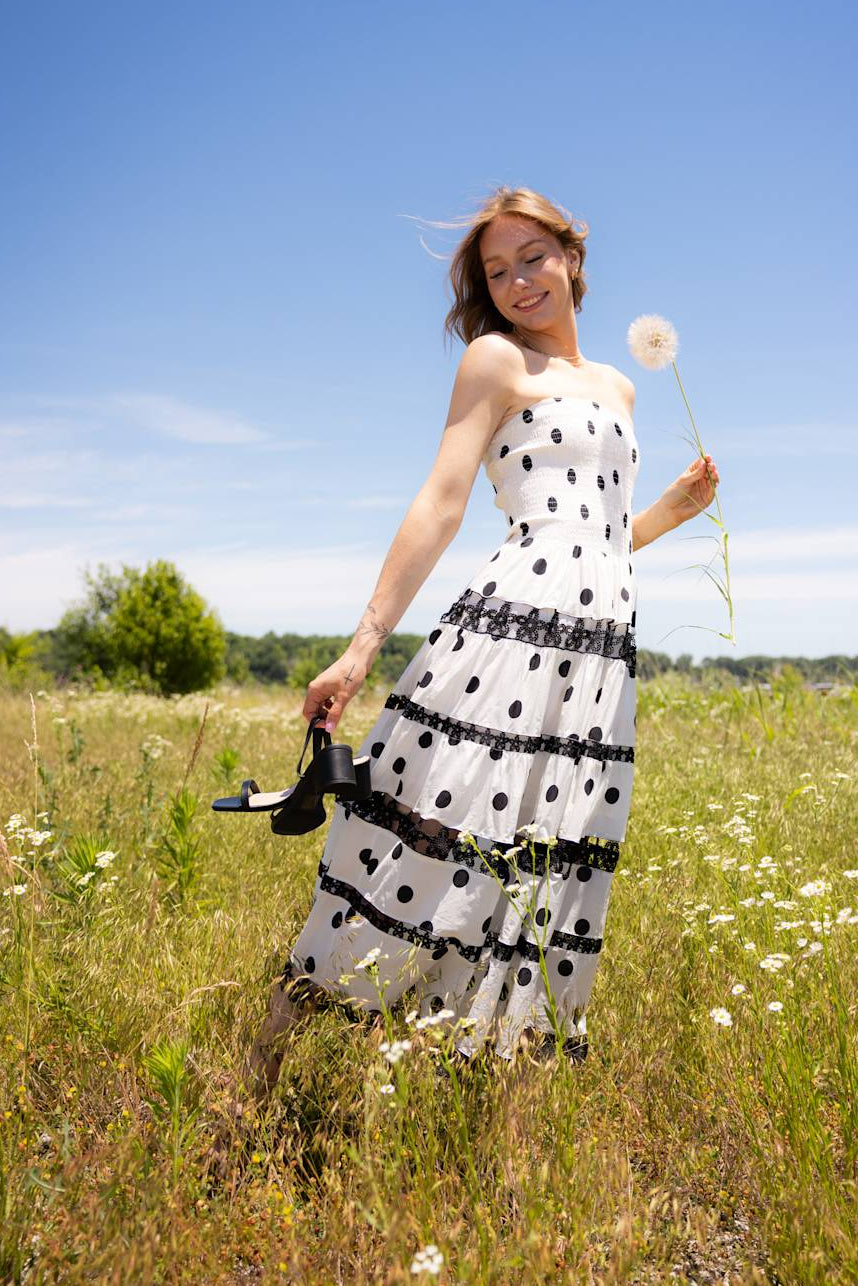 Strut & Bolt Polka Dot Eyelet Strapless Midi Dress for Women in White at Glik's , M