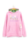 A pink pullover hoodie hanging on a wooden hanger against a white background. The hoodie features embroidered flowers and the text 'bloom where you're planted!' on the front, with a green patterned lining inside the hood.