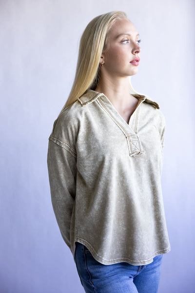 Blu Pepper Mineral Wash Knit Johnny Collar Shirt for Women in Mocha Brown