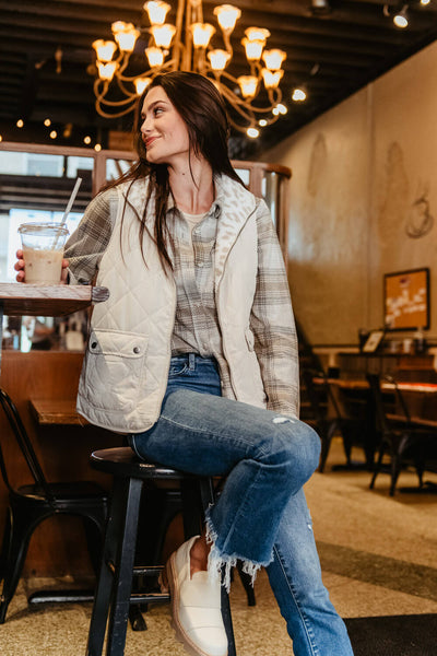 Thread & Supply Quilted Reversible Vest for Women in White Leopard | J1063PPG-WHITELEOPARD