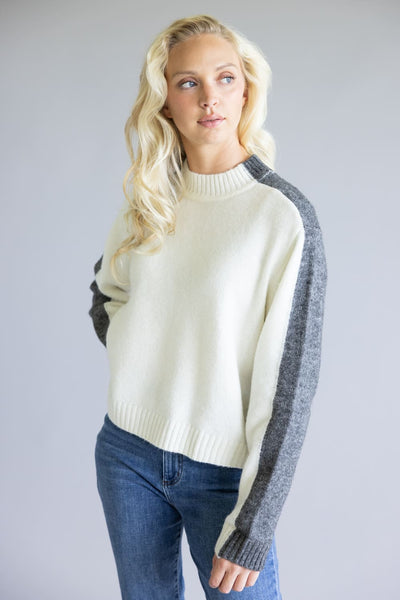 Elan Color Block Sweater for Women in Grey/White
