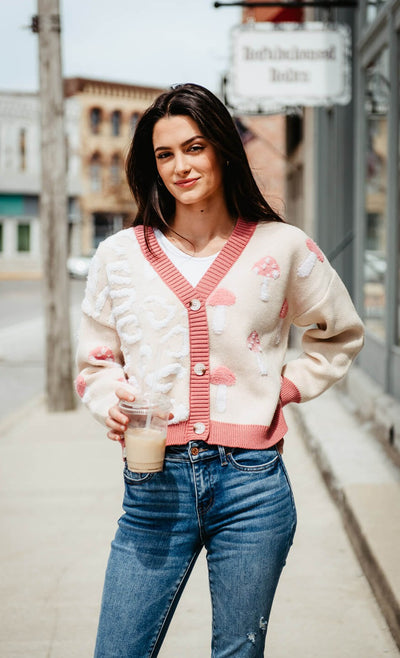 Simply Southern Groovy Mushroom Cropped Cardigan for Women in Cream