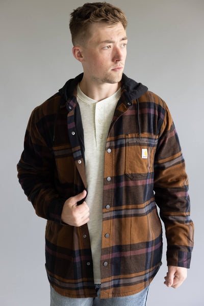 Carhartt Rugged Flex Flannel Fleece Lined Hooded Shirt Jacket for Men in Black/Brown