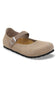 A single women's Mary Jane flat shoe in a light taupe suede-like material, featuring a wide strap with a silver-tone buckle and a black outsole, shown on a white background.