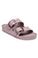 A single double-strap slide sandal in a dusty mauve pink color, featuring two wide straps with metallic rose gold buckles, shown on a plain white background.