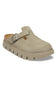 A single taupe-colored clog shoe with a thick, ridged sole and a silver buckle strap, shown on a plain white background.