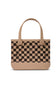 A structured tote bag featuring a beige and brown checkerboard pattern with matching beige handles and base, displayed on a clean white background.