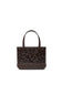 A dark brown leather tote bag with a leopard print pattern on the front and solid dark brown handles, shown against a plain white background.