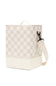A canvas tote bag featuring a beige and off-white checkerboard pattern on the upper half and a solid off-white base, with a matching off-white shoulder strap and top handle.