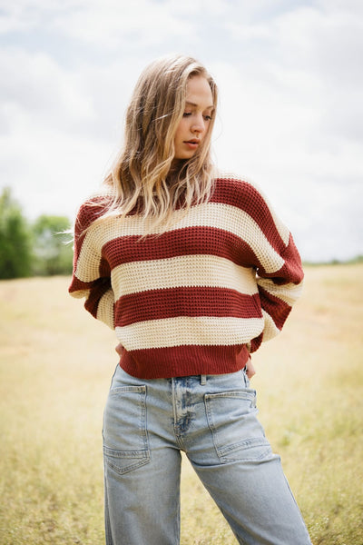 La Miel Striped Waffle Sweater for Women in Red Bean