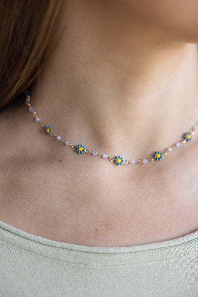 Blue Flower Choker Necklace in Gold