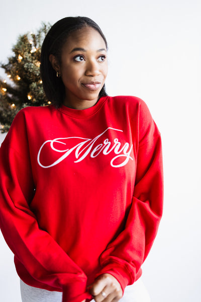 1897 Active Merry Script Embroidered Fleece Sweatshirt for Women in Red