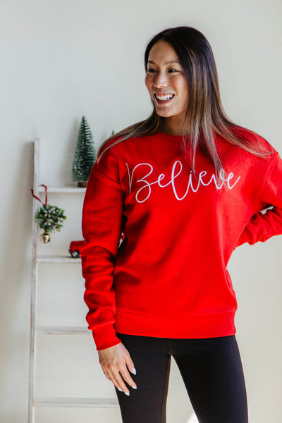 1897 Active Believe Embroidered Fleece Sweatshirt for Women in Red