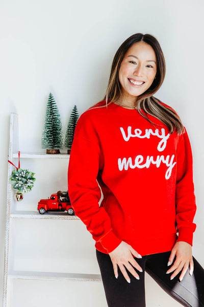 1897 Active Very Merry Patch Embroidered Fleece Sweatshirt for Women in Red