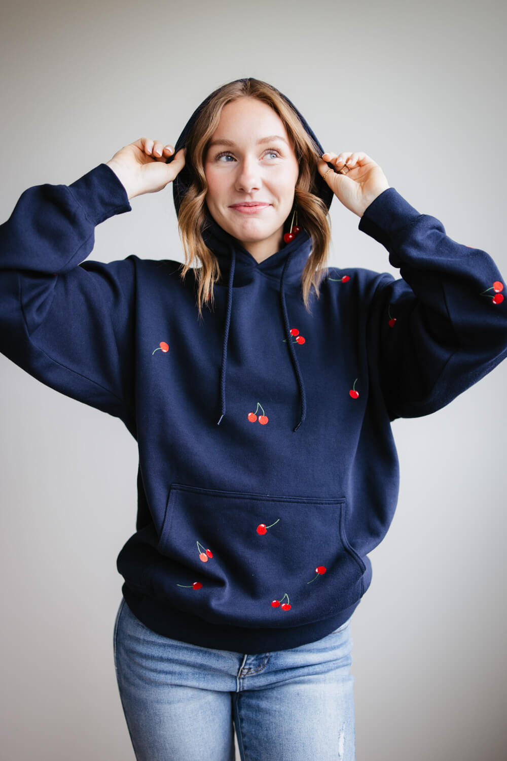1897 Active Embroidered All Over Print Cherry Hoodie for Women in