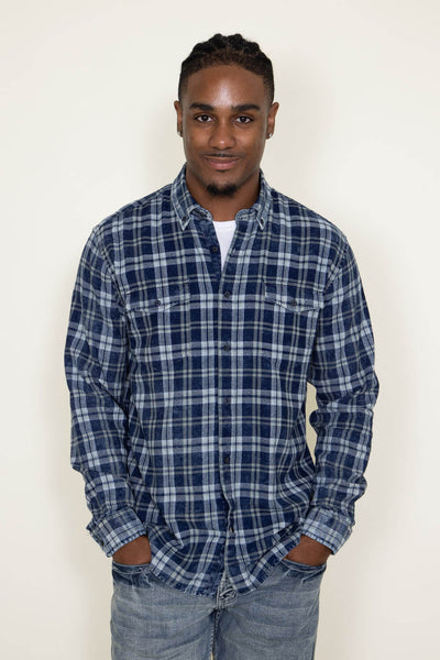 Washed Cotton Plaid Flannel Shirt for Men in Blue Olive